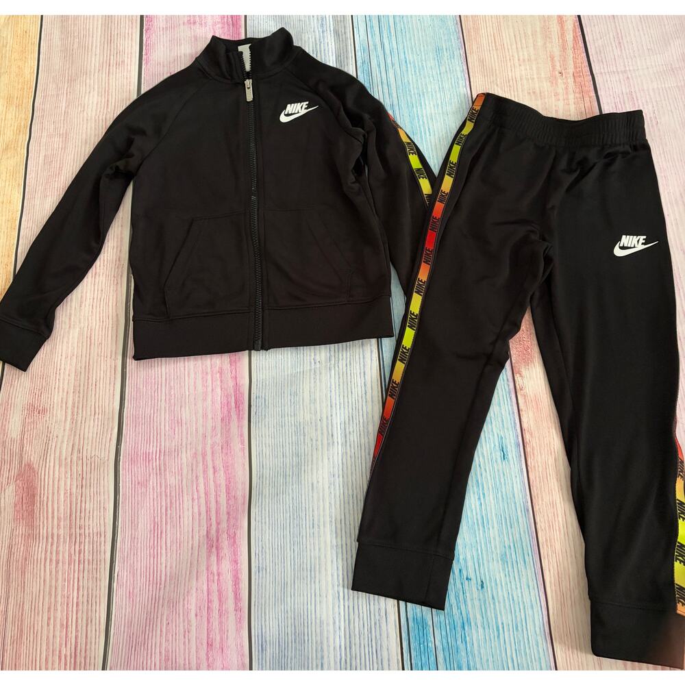 Nike Boys Black Rainbow Tape Tracksuit Set Size 6 VGUC Matching Jacket Joggers
